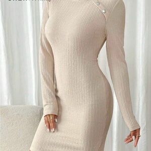 SHEIN Cream Long Sleeve Ribbed Dress